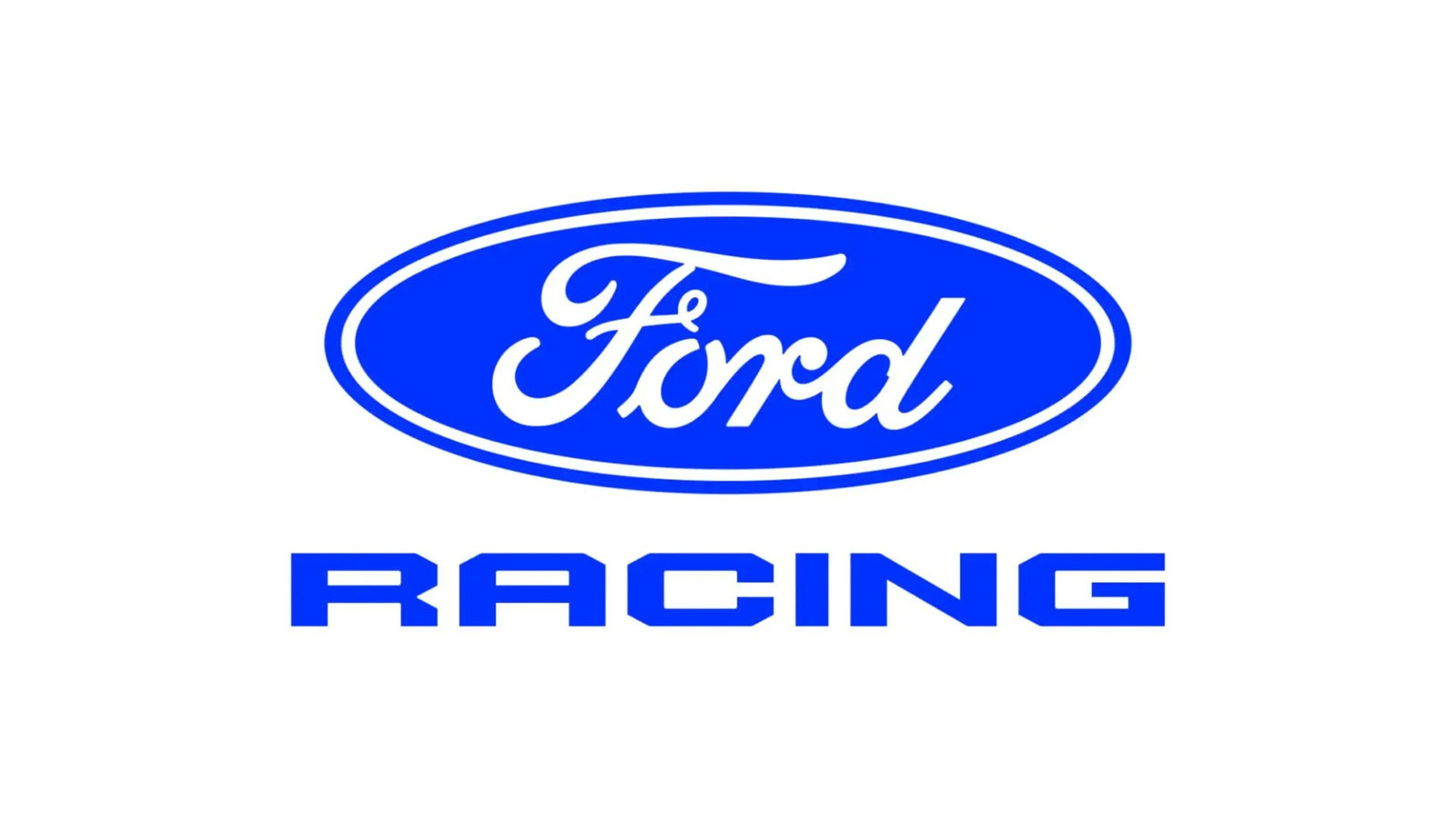 The image shows the blue Ford logo above the word "RACING" in bold, blue capital letters on a white background.