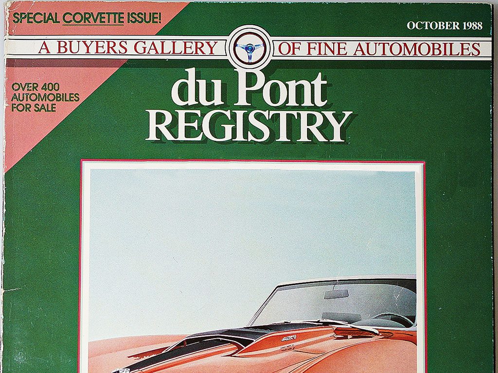 The duPont REGISTRY magazine cover showcases a stunning red convertible under the banner of "Special Corvette Issue" with over 400 automobiles for sale. Celebrating its 40th Anniversary, this October 1988 issue highlights an era of iconic cover cars.