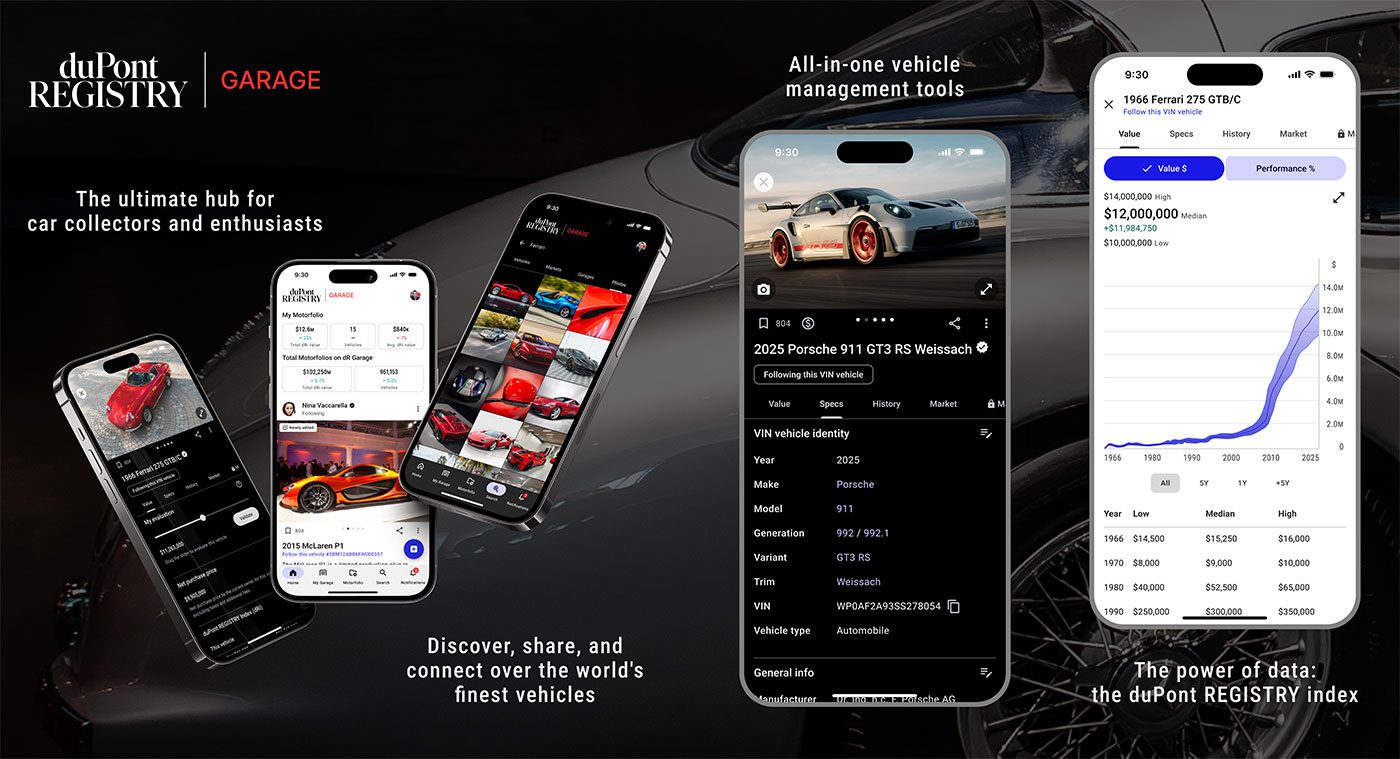 Four smartphone screens display premium automotive features of the duPont REGISTRY Garage app, showcasing car listings, a detailed car profile, and a vehicle value trend graph, all set against an exotic car background.