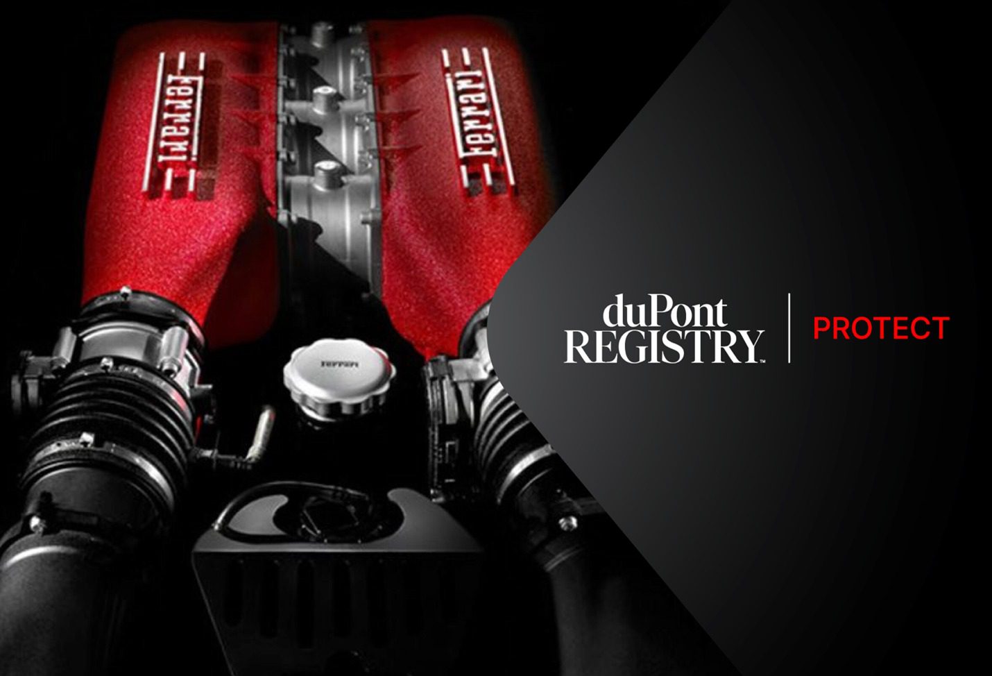 Image of a Ferrari engine with red covers and duPont Registry logo on the right, alongside the word "Protect." Perfect for enthusiasts of luxury cars, this is a testament to performance and style.
