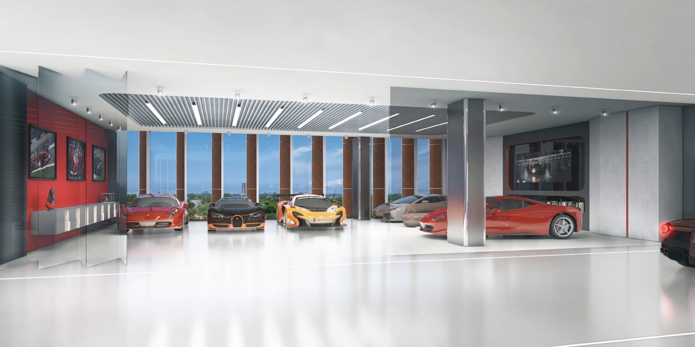 A modern showroom in a luxury tower displays six Pininfarina-designed sports cars in a sleek, well-lit interior with large windows and framed photos on the wall.