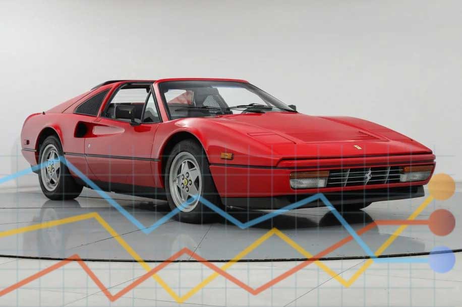 A Ferrari 328 GTS roars in the studio, its sleek red curves accentuated by colorful graph lines and circles, offering a visual symphony of data-driven insights.