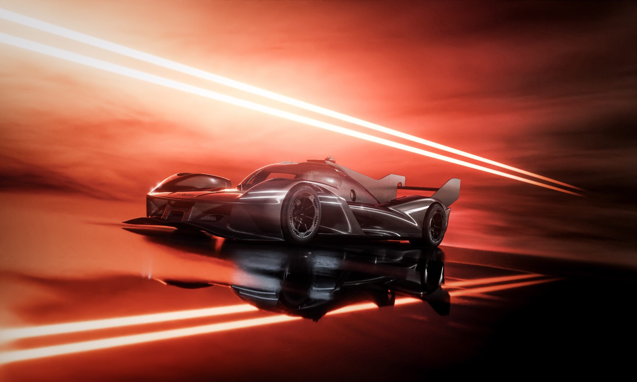 A sleek black Genesis race car on a reflective surface, echoing the adrenaline of sportscar racing, with red and orange light streaks in the background.