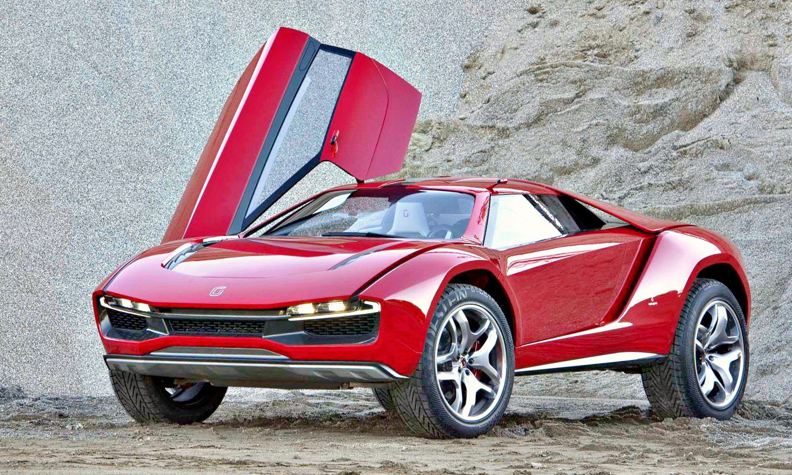 A red sports car with its driver's side scissor door open is parked on sandy ground in front of a rocky backdrop, hinting at Audi Eyes Sale Of Italdesign In Wake Of Cost-Cutting Drive.