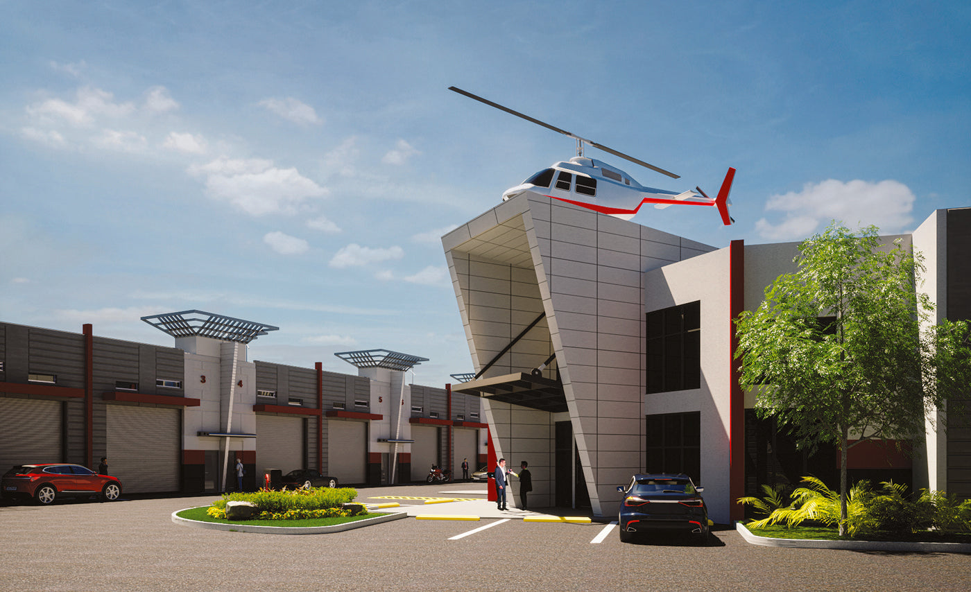 Modern building with a helicopter landed on the roof, surrounded by parked cars and greenery under a clear blue sky.