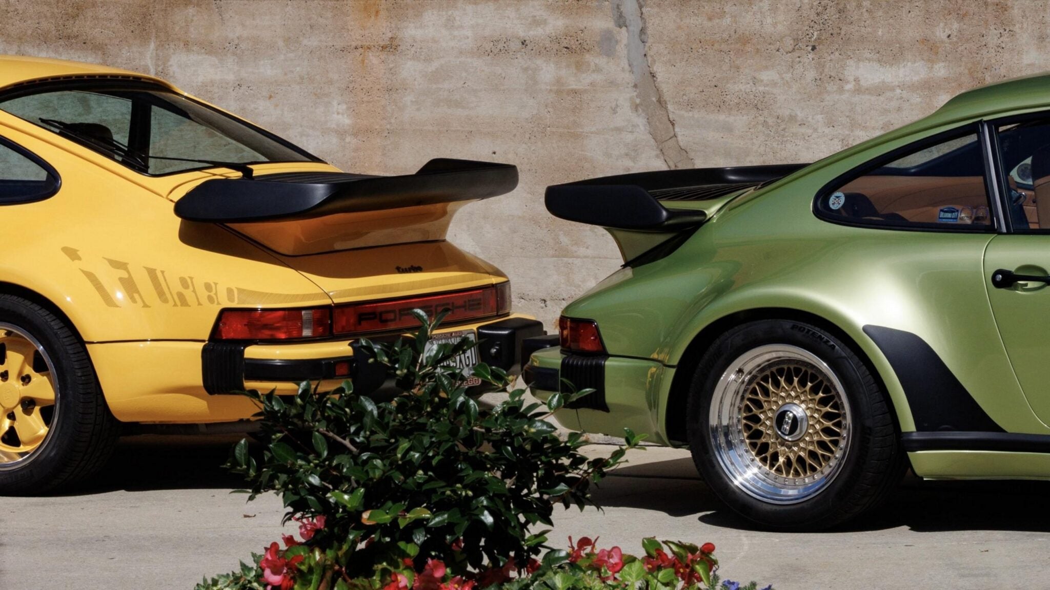 A yellow and a green Porsche 911 Turbo parked side by side, viewed from the rear, at Luftgekühlt 11 in Durham NC, with a concrete wall in the background and plants in the foreground.