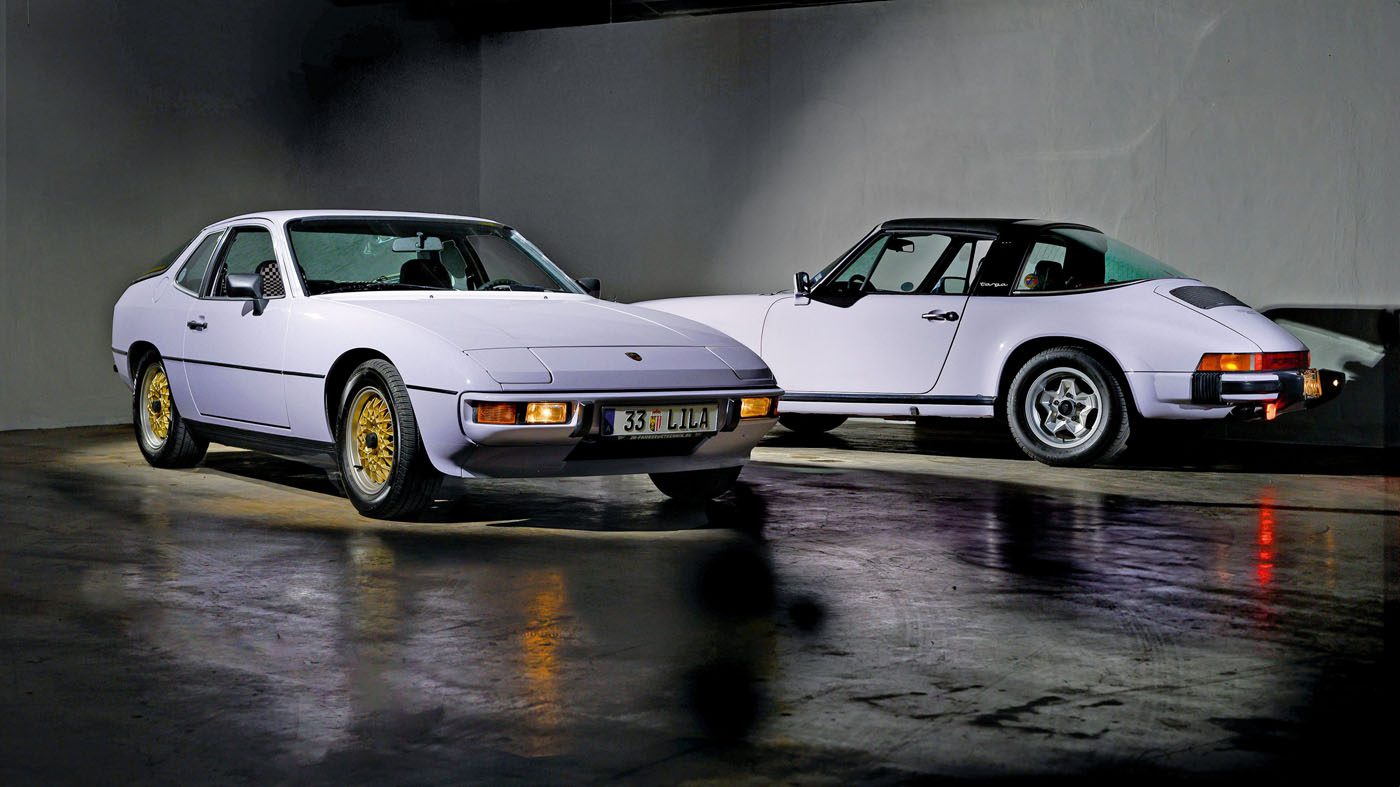 Two classic Porsche cars are parked indoors under soft lighting; a Porsche 924 in the foreground and a Porsche 911 in the background hint at an origin story told through their rarest colors.