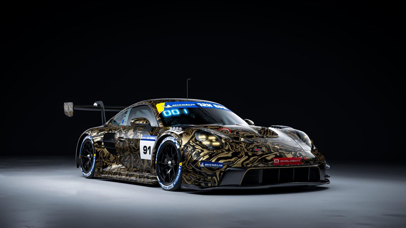 A race car featuring a black and gold camouflage design stands out at the Spa Race, flaunting a prominent rear wing and a blue windshield banner with "00." The front proudly displays the number "91," embodying the spirit of the 911 GT3 R.