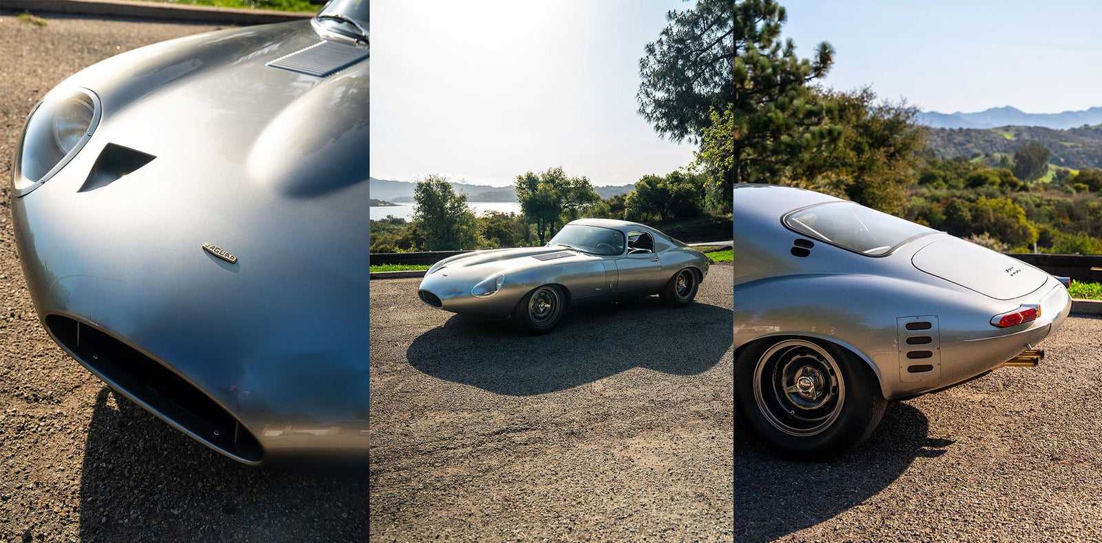 Three views of a classic Jaguar E-Type Low Drag Coupe parked outdoors: close-up of the hood, full side profile, and rear quarter angle, with trees and hills in the background—a true Petrolicious moment.