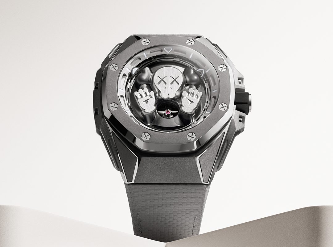A high-end wristwatch featuring a unique skeletal design with X-shaped markers and gear-like elements, reminiscent of the Audemars Piguet Royal Oak Tourbillon, set against a light neutral background.