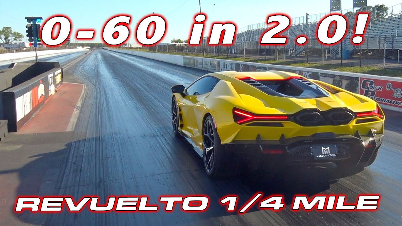 Yellow Lamborghini Revuelto on a drag strip with "0-60 Times: 2.0!" text above and "1/4-Mile Record" below.