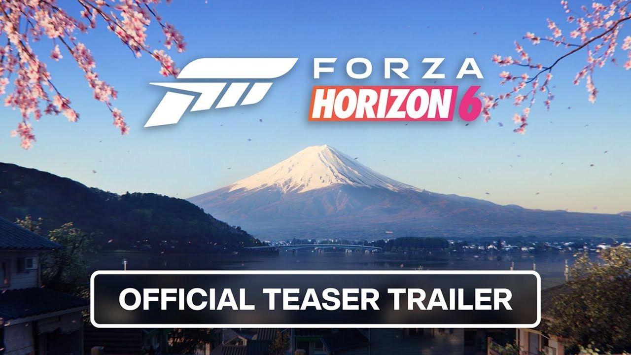 Forza Horizon 6 official teaser trailer image showcases Japan with a stunning view of Mount Fuji, cherry blossoms in bloom, and game logos elegantly overlaid on the scene.
