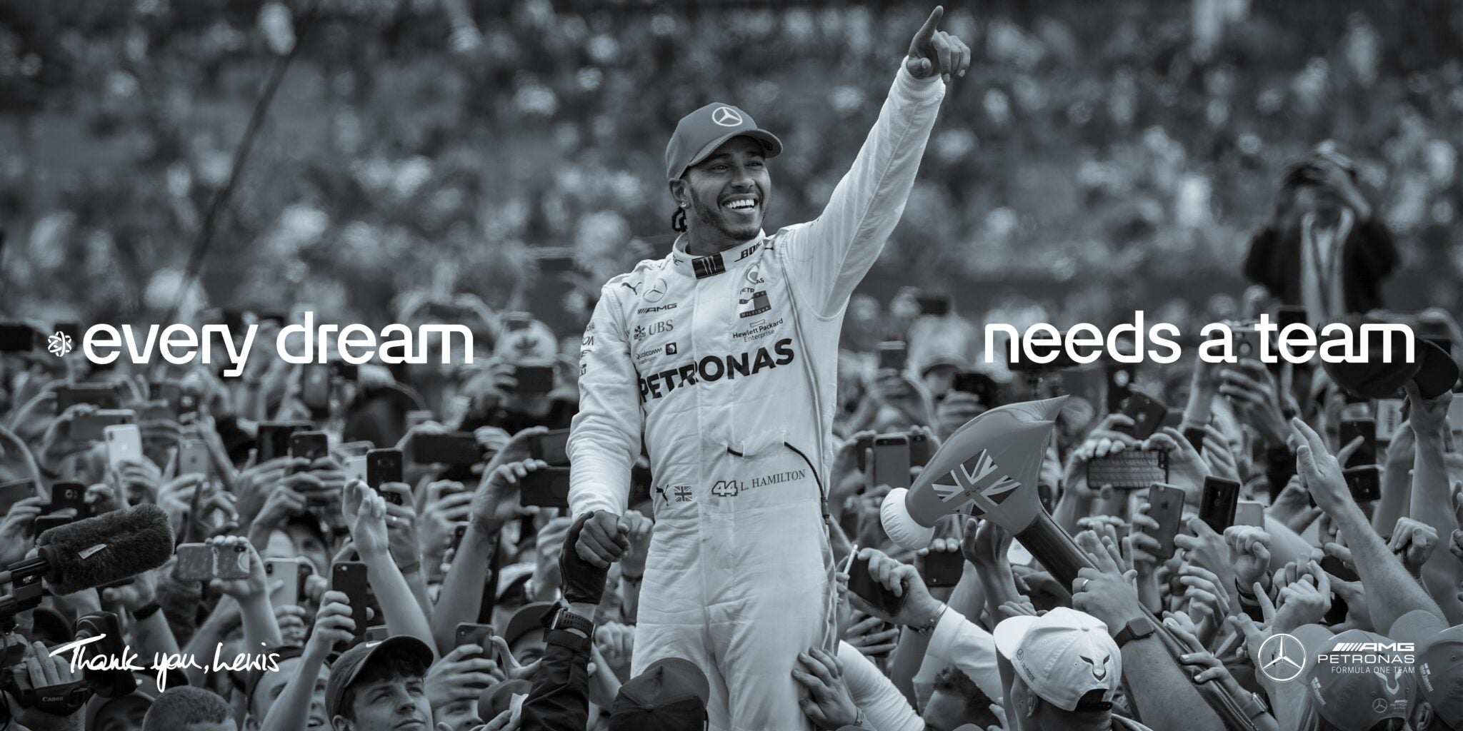 Race car driver celebrating with a crowd; text reads "every dream needs a team." Witness the exhilarating journey of Lewis Hamilton and Mercedes in his farewell documentary.