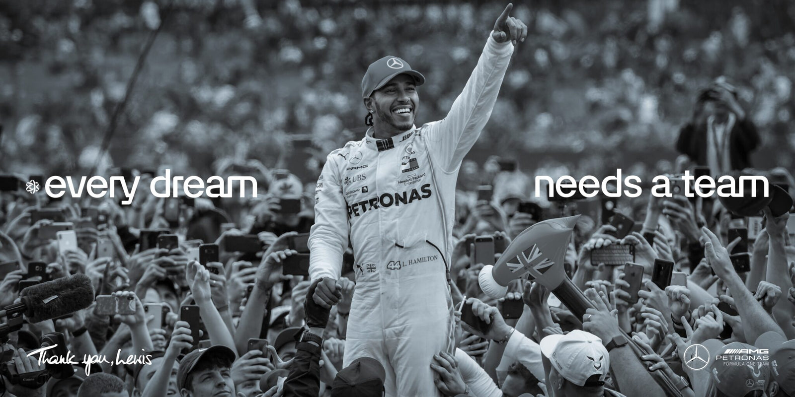 Race car driver celebrating with a crowd; text reads "every dream needs a team." Witness the exhilarating journey of Lewis Hamilton and Mercedes in his farewell documentary.