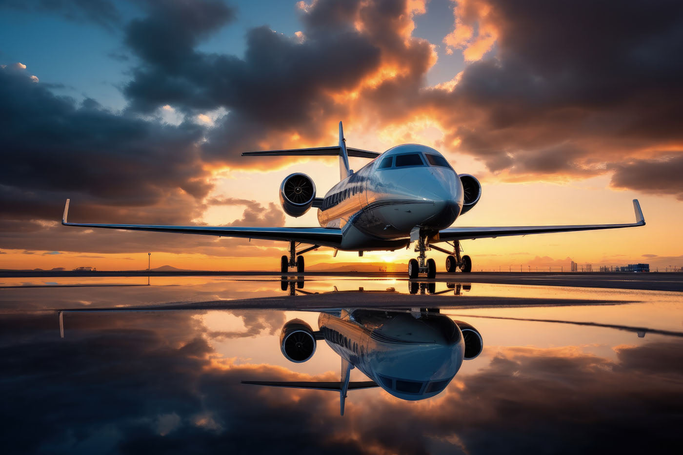 A jet plane, a hallmark of Paramount Business Jets, is parked on a reflective surface at sunset, with dramatic clouds painting the sky.