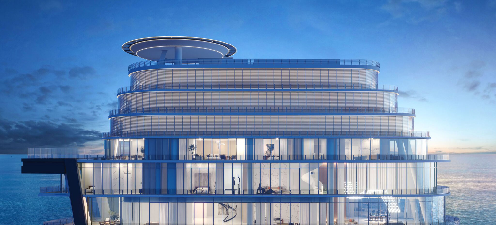 A modern, multi-level glass cruise ship deck with a circular rooftop structure inspired by Miami skyscraper aerodynamics, seen at dusk with the ocean in the background.