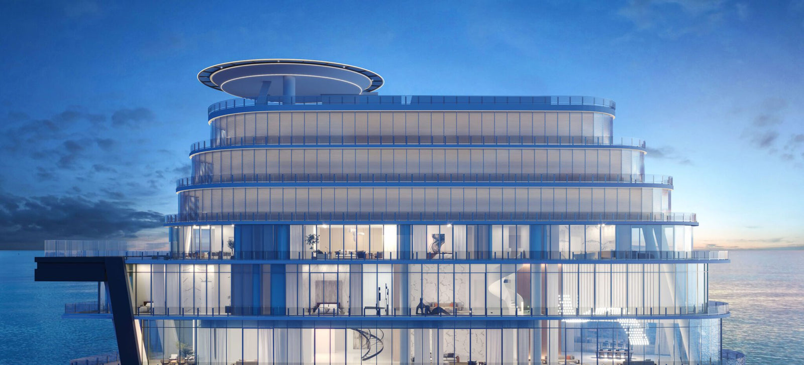 A modern, multi-level glass cruise ship deck with a circular rooftop structure inspired by Miami skyscraper aerodynamics, seen at dusk with the ocean in the background.