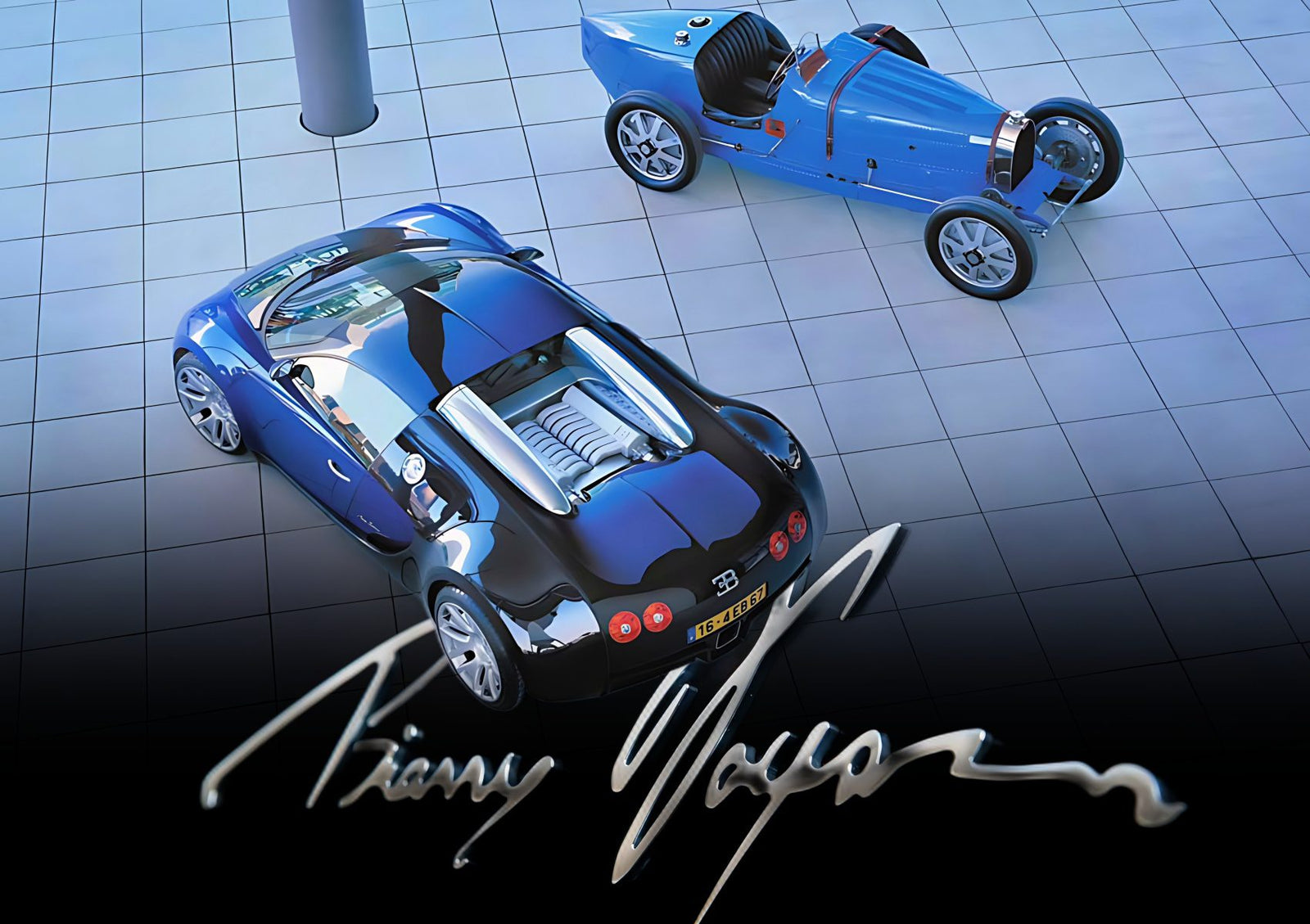 Two Bugatti cars, one modern and one vintage, are parked on a tiled surface, viewed from above—a striking scene that echoes the spirit of Veyron: The Man The Machine And The Legacy That Rebuilt Bugatti. A large signature overlays the bottom of the image.