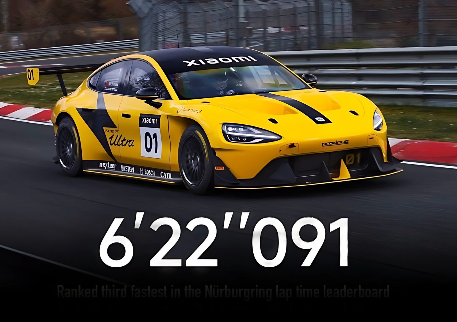 A yellow Xiaomi electric race car with number 01 speeds on the racetrack, displaying a Nürburgring lap time of 6'22"091 as the fourth-fastest four-door EV from a smartphone brand, outgunning hypercar elite.