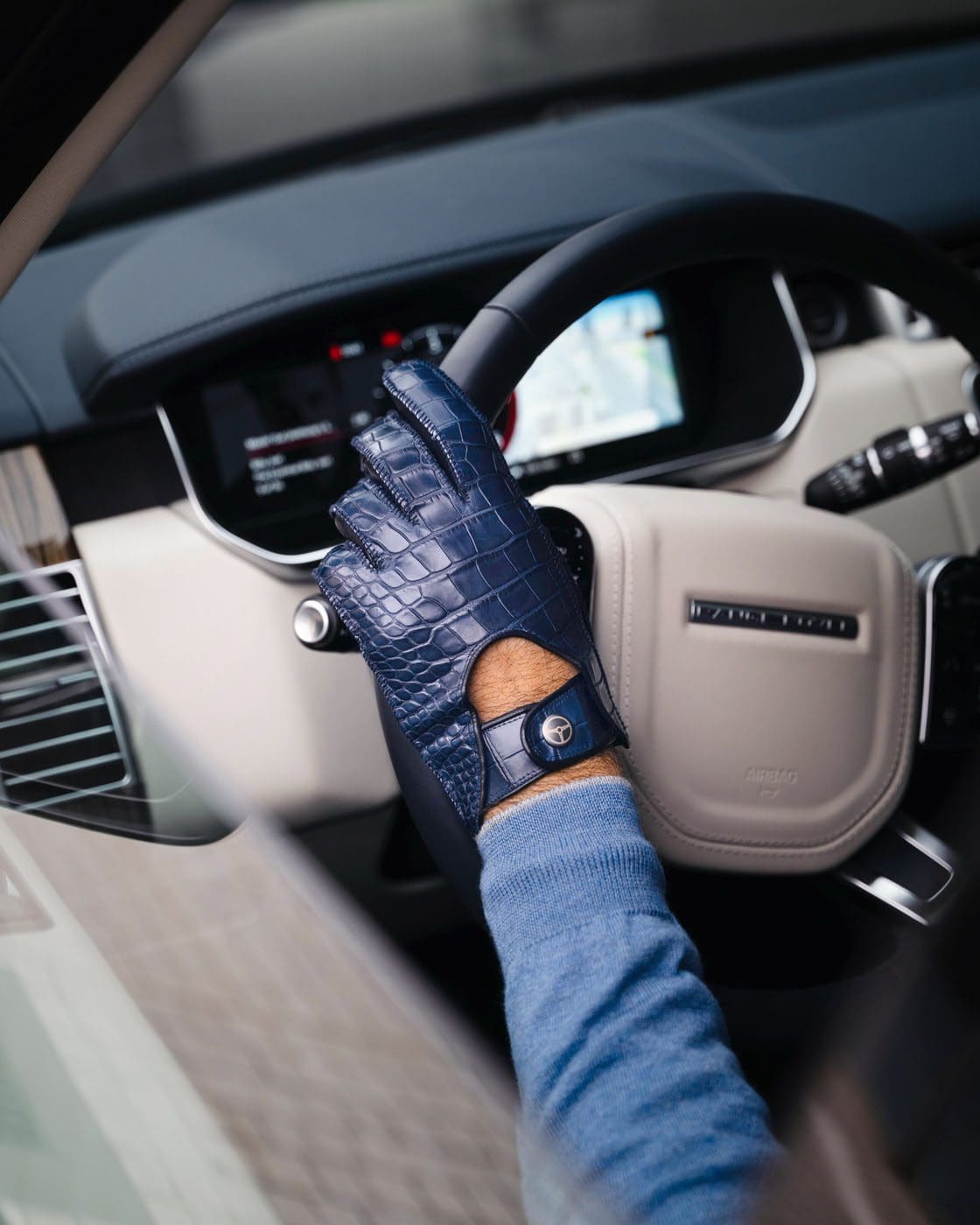 the outlierman crocodile leather driving gloves blue 4