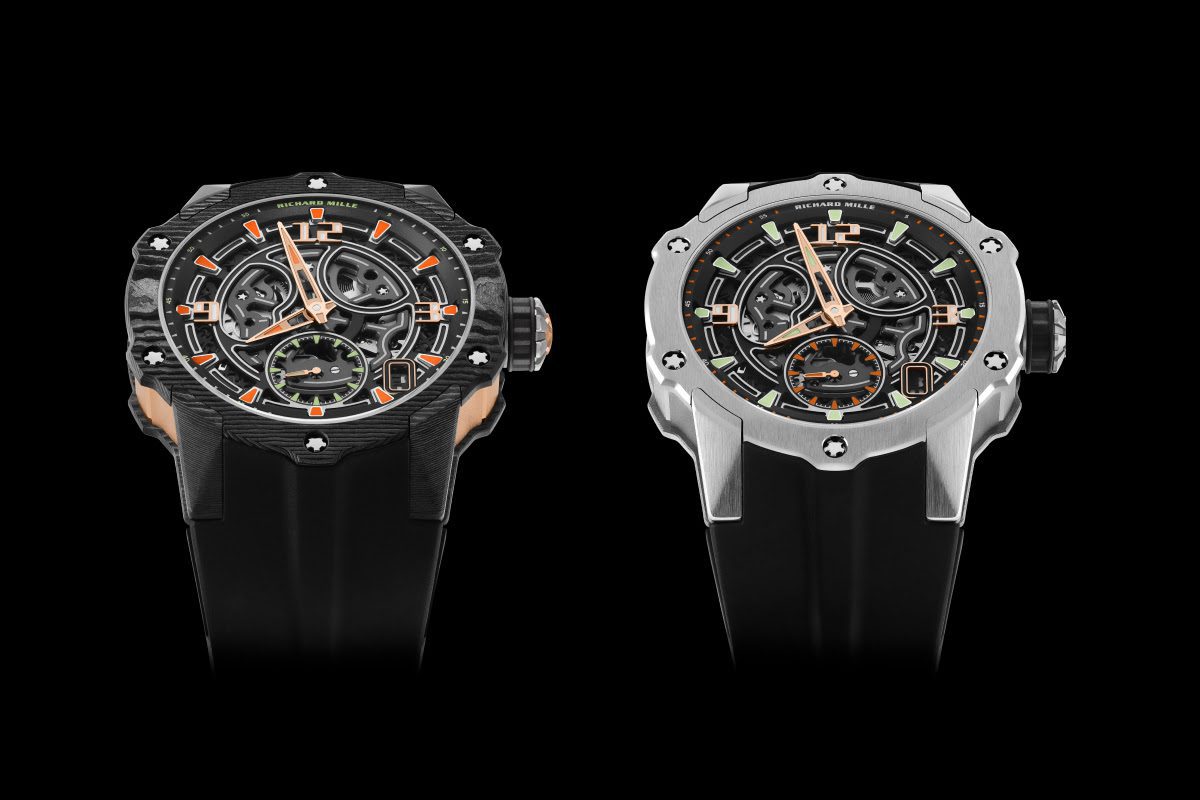 Two luxury Richard Mille wristwatches, featuring exposed mechanical dials and black rubber straps, are displayed side by side on a black background—an exquisite showcase of modern horology.