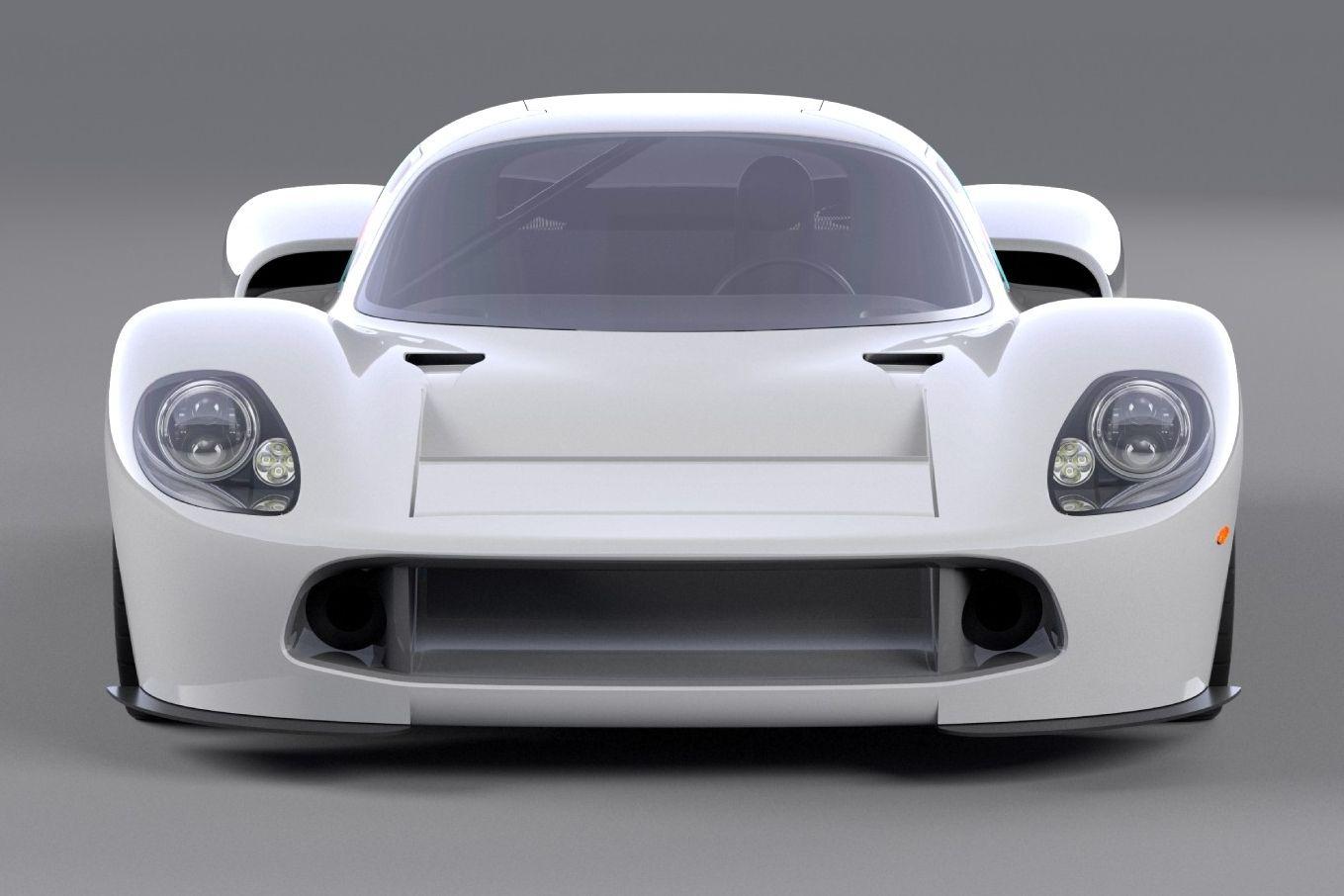 Front view of the Scioto Coupe, an American supercar, showcasing its sleek white design with prominent headlights and aerodynamic features against a neutral background.