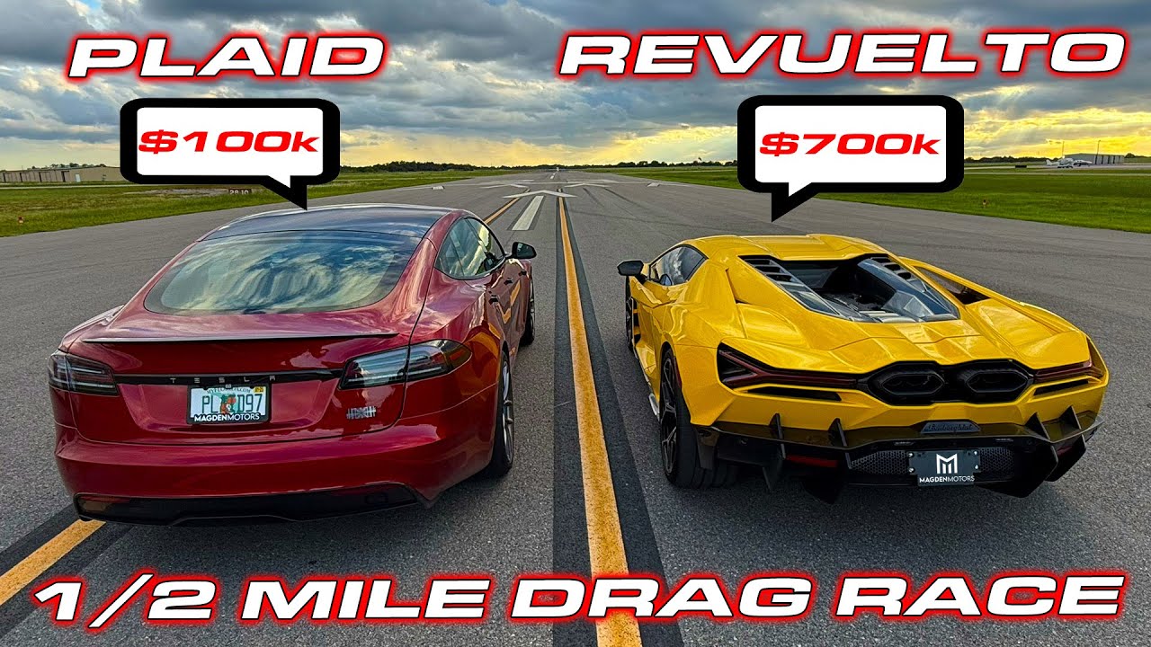 A red Tesla Plaid and a yellow Lamborghini Revuelto line up side by side on the track, ready for an electrifying half-mile drag race. Price tags flash: $100k for the Tesla and a cool $700k for the Lamborghini.