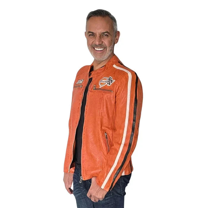 GrandPrix Originals Men's Lambskin Leather Racing Jacket - Olive/Gulf Blue/Orange