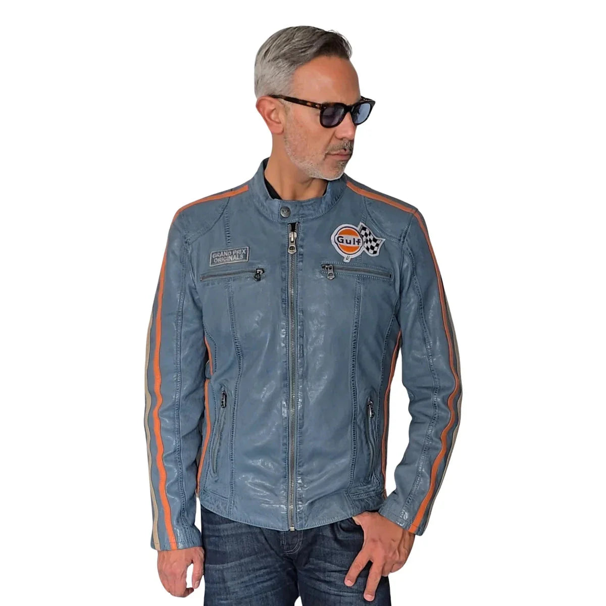 GrandPrix Originals Men's Lambskin Leather Racing Jacket - Olive/Gulf Blue/Orange