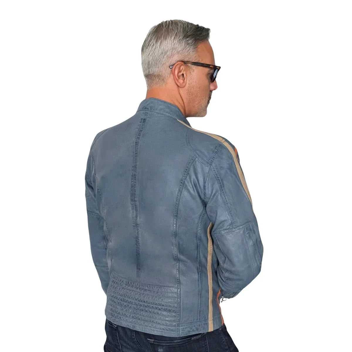 GrandPrix Originals Men's Lambskin Leather Racing Jacket - Olive/Gulf Blue/Orange
