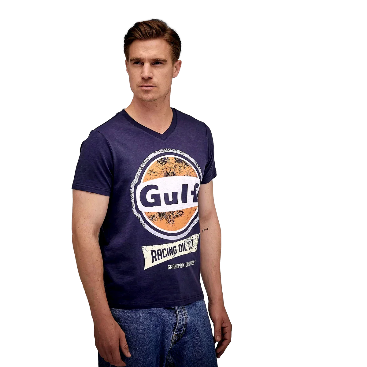 GrandPrix Originals Men's Gulf Vintage Racing Oil V-Neck T-Shirt - Navy