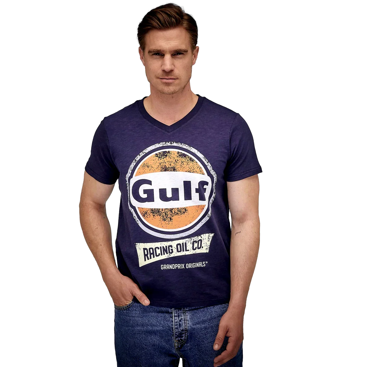 GrandPrix Originals Men's Gulf Vintage Racing Oil V-Neck T-Shirt - Navy