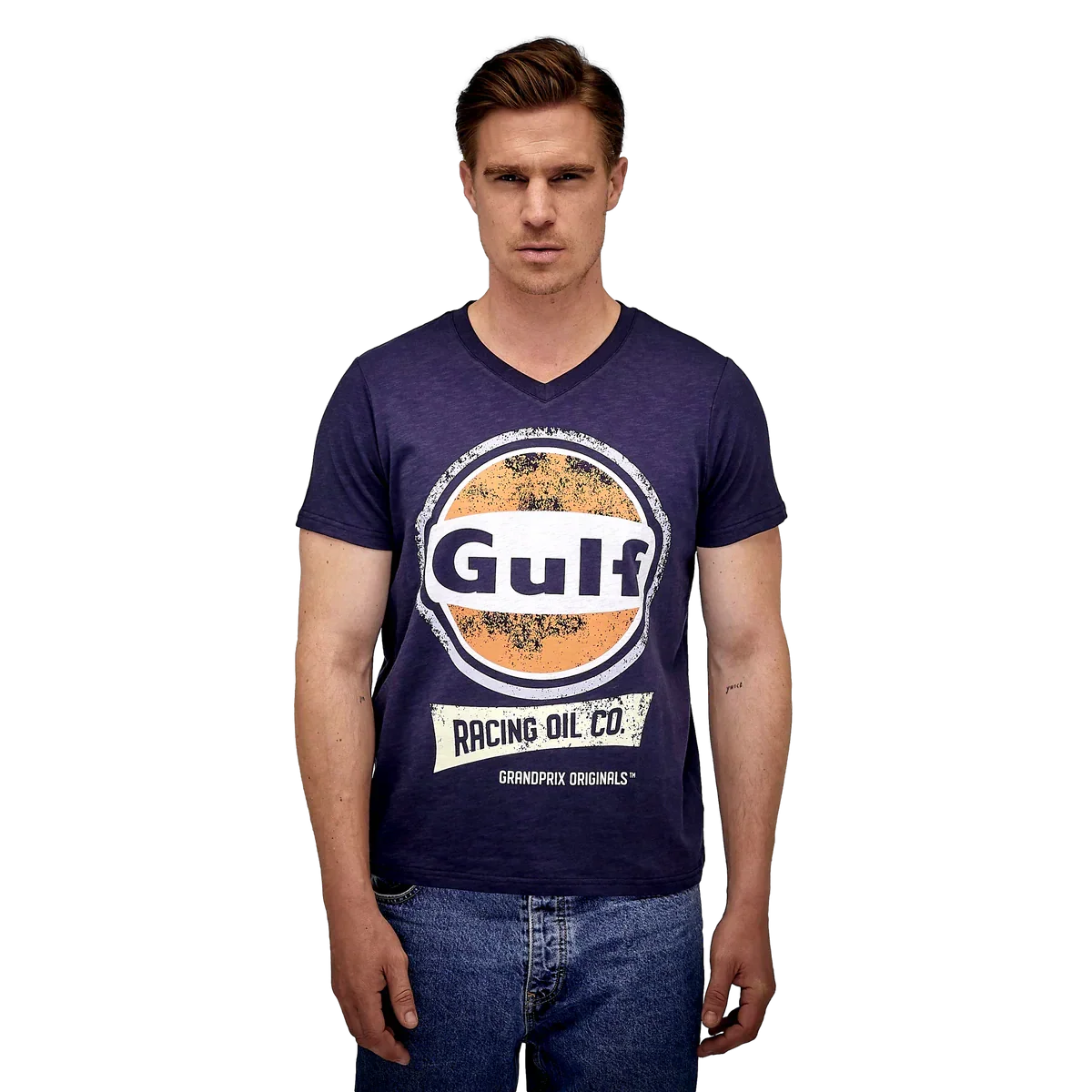 GrandPrix Originals Men's Gulf Vintage Racing Oil V-Neck T-Shirt - Navy