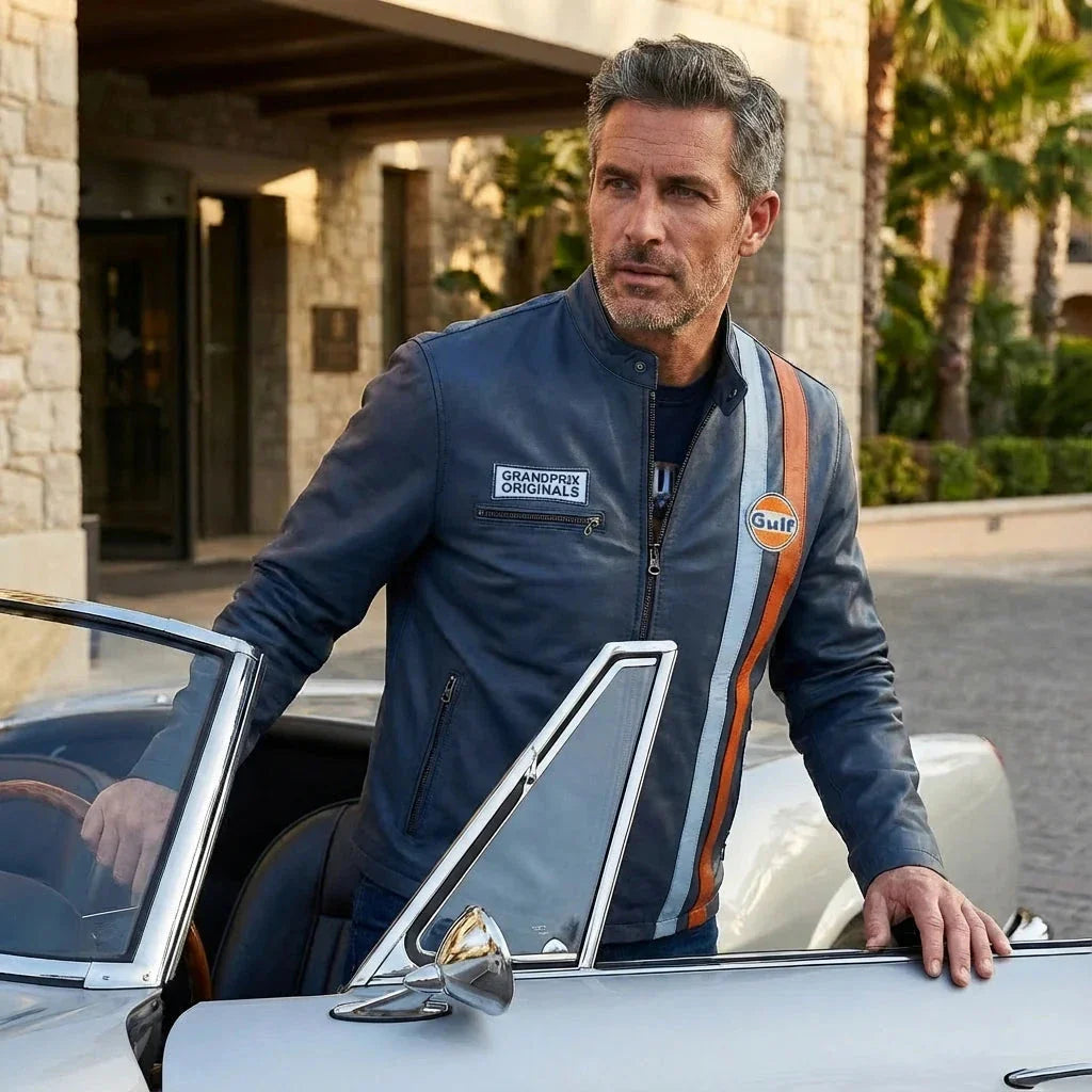 GrandPrix Originals Men's Gulf Roadmaster Lambskin Leather Racing Jacket - Gulf Blue/Navy/Ivory White