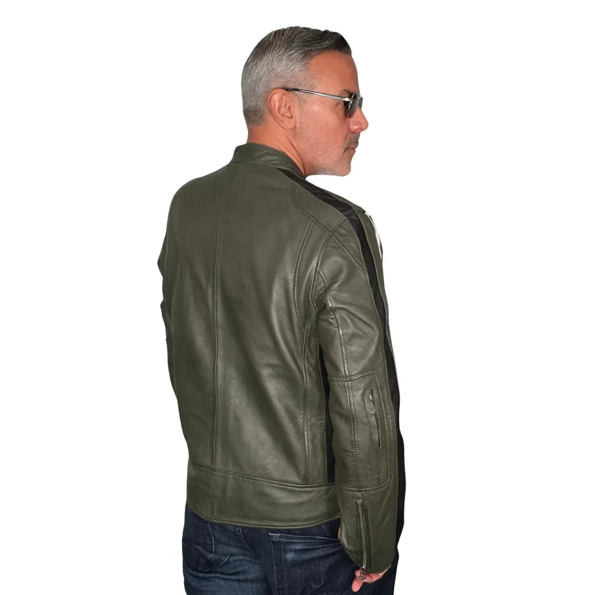 GrandPrix Originals Men's Lambskin Leather Racing Jacket - Olive/Gulf Blue/Orange