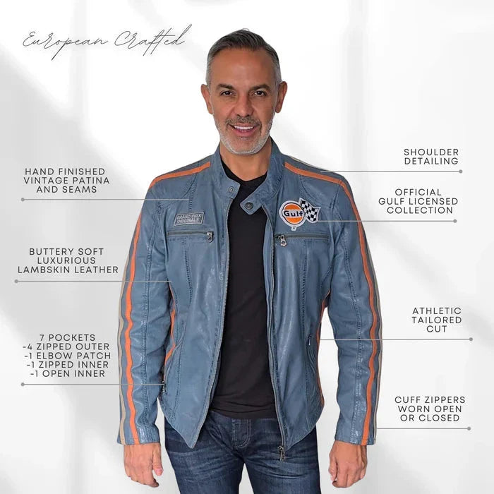 GrandPrix Originals Men's Lambskin Leather Racing Jacket - Olive/Gulf Blue/Orange