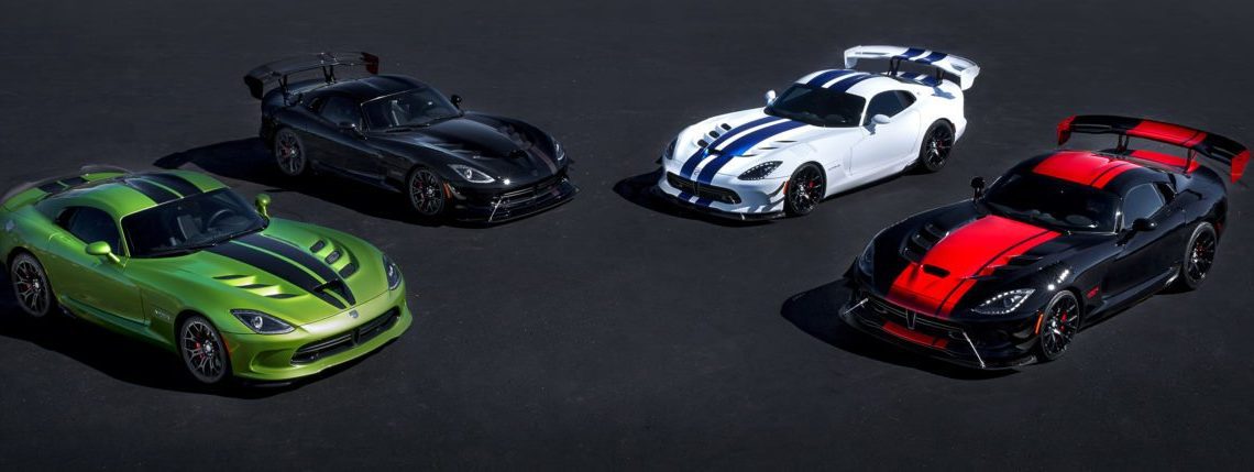 Dodge is celebrating the 25th anniversary and final year of Viper production with five exclusive limited-edition models, four of which are pictured here. (From left, the Viper Snakeskin Edition GTC, inspired by the original 2010 Snakeskin ACR; the Vooodoo II ACR, modeled after the original 2010 Viper VooDoo edition; the Viper GTS-R Commemorative Edition ACR, designed to pay tribute to one of the most distinguishable and iconic Viper paint schemes of all time – the white and blue combination of the 1998 Viper GTS-R GT2 Championship Edition;  and the Viper 1:28 ACR, which pays tribute to the current production car single lap record of 1:28.65 set by champion driver Randy Pobst in a 2016 Dodge Viper ACR at historic Laguna Seca Raceway in Monterey, Calif., in October 2015. A fifth Dodge Dealer Edition Viper ACR, not shown, is available through select Dodge dealers.