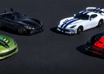 Dodge is celebrating the 25th anniversary and final year of Viper production with five exclusive limited-edition models, four of which are pictured here. (From left, the Viper Snakeskin Edition GTC, inspired by the original 2010 Snakeskin ACR; the Vooodoo II ACR, modeled after the original 2010 Viper VooDoo edition; the Viper GTS-R Commemorative Edition ACR, designed to pay tribute to one of the most distinguishable and iconic Viper paint schemes of all time – the white and blue combination of the 1998 Viper GTS-R GT2 Championship Edition;  and the Viper 1:28 ACR, which pays tribute to the current production car single lap record of 1:28.65 set by champion driver Randy Pobst in a 2016 Dodge Viper ACR at historic Laguna Seca Raceway in Monterey, Calif., in October 2015. A fifth Dodge Dealer Edition Viper ACR, not shown, is available through select Dodge dealers.