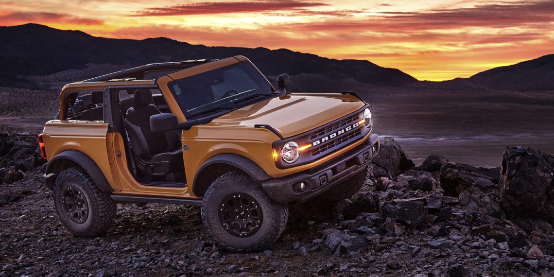 Pre-production 2021 two-door Bronco Black Diamond series in Cyber Orange Metallic Tri-Coat with available Sasquatch™ off-road package.