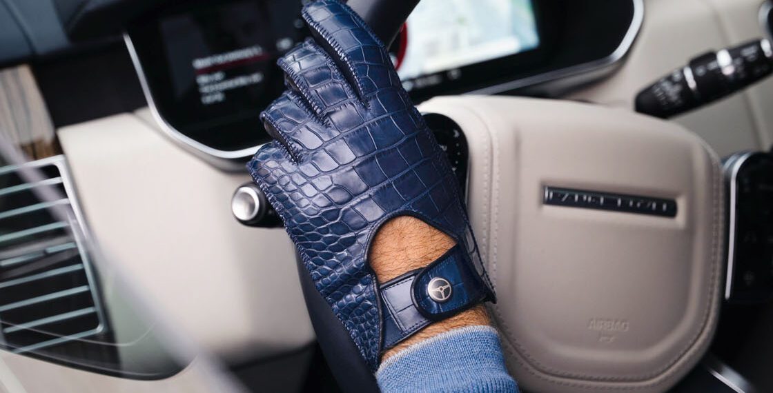the outlierman crocodile leather driving gloves blue 4
