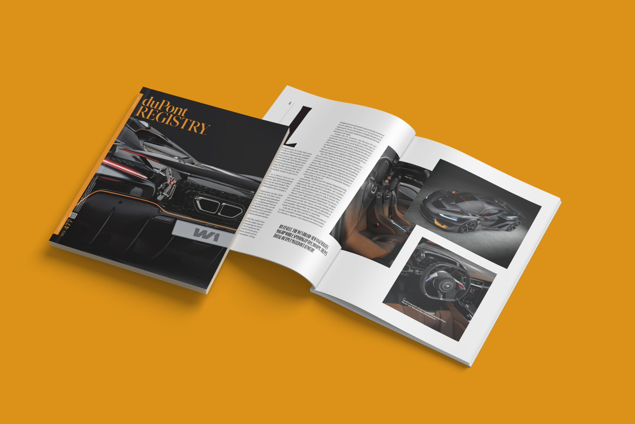 A duPont Registry magazine lies open on an orange background, showing glossy pages with car images and text. A closed copy with a cover featuring a car is next to it.