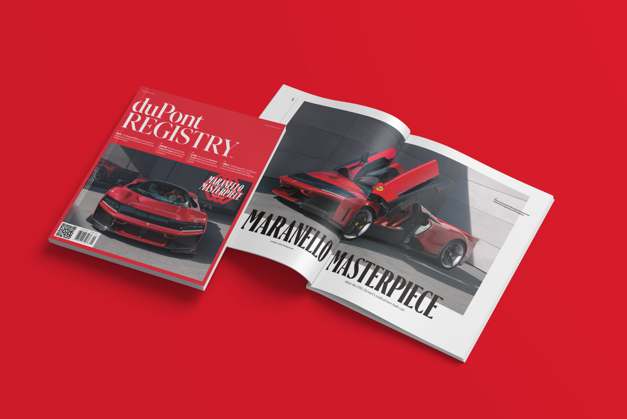 Closed and open duPont Registry magazines on a red surface, featuring a red sports car with open doors.