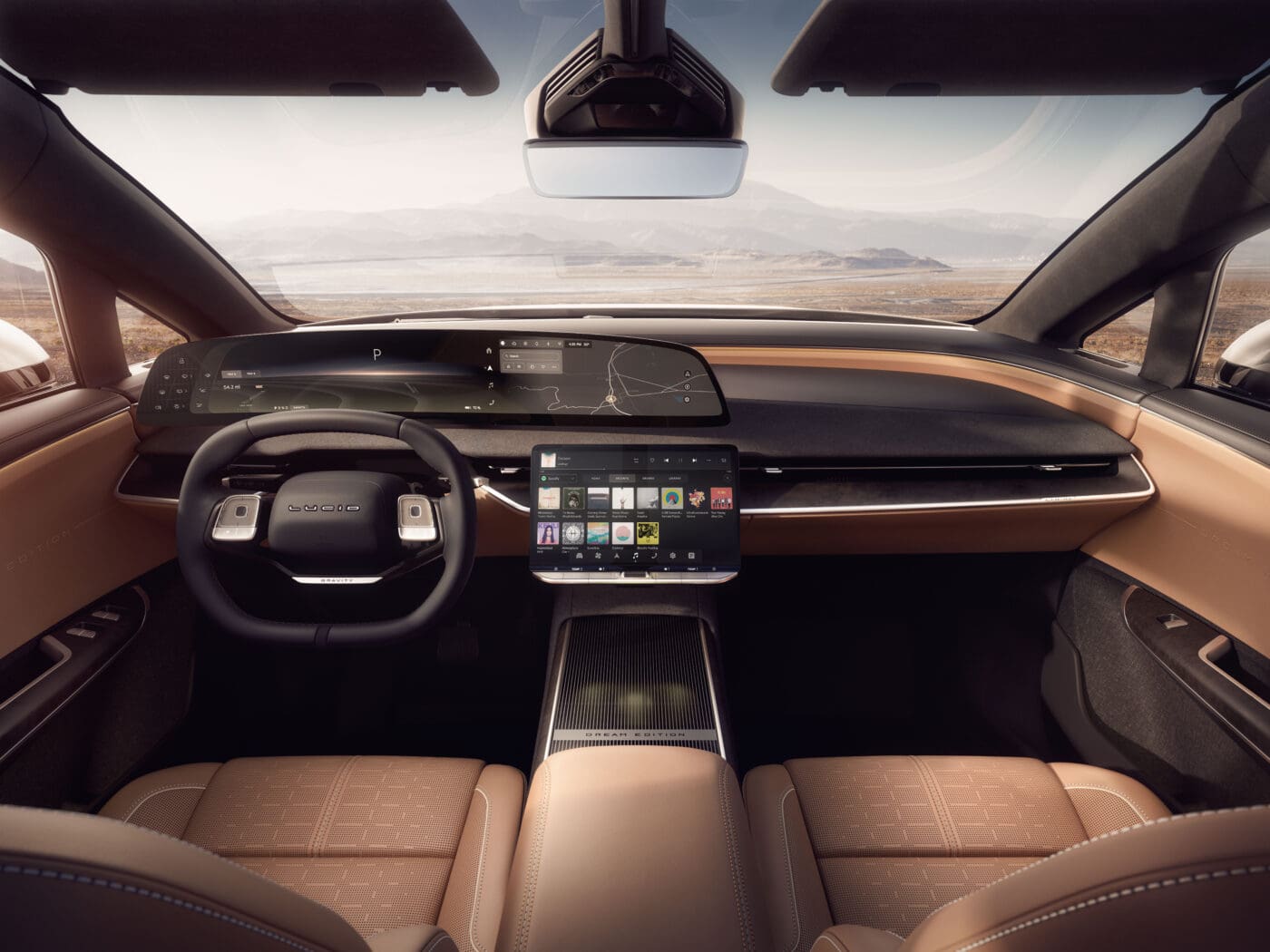 An interior shot showcasing the car's steering wheel and dashboard.
