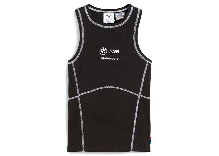 Black sleeveless top with white stitching, featuring Puma and BMW Motorsport logos on the front. Included in the 2024 Valentines Day Gift Guide by duPont REGISTRY, it's perfect for motorsport enthusiasts looking for a stylish gift option.