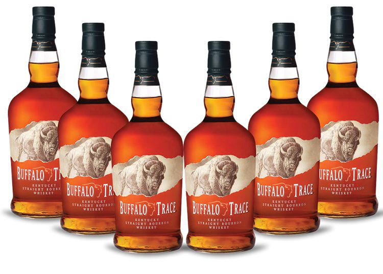 Six bottles of Buffalo Trace Kentucky Straight Bourbon Whiskey are arranged in two rows. Each bottle features a beige label with a buffalo illustration and a black cap, making it an ideal choice for the 2024 Gift Guide by duPont REGISTRY.