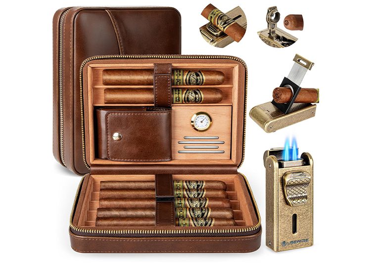 This elegant cigar set, featured in the duPont REGISTRY's 2024 Valentine's Day Gift Guide, includes a brown leather case with cigars, a hygrometer, a cutter, a blue flame lighter, and an ashtray.