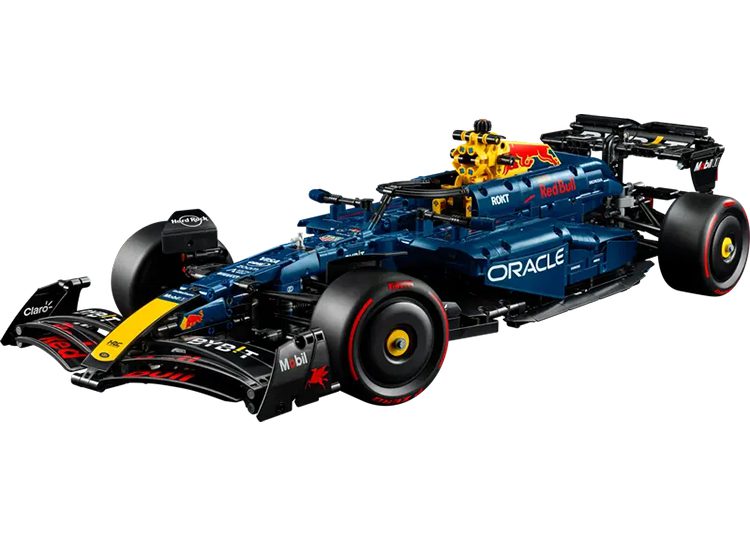 A detailed Lego model of a 2024 Formula 1 race car with a dark blue and yellow color scheme, featuring branding like Oracle and Red Bull on the body. Perfect for any duPont REGISTRY enthusiast, it makes an excellent addition to your Valentines Day Gift Guide.