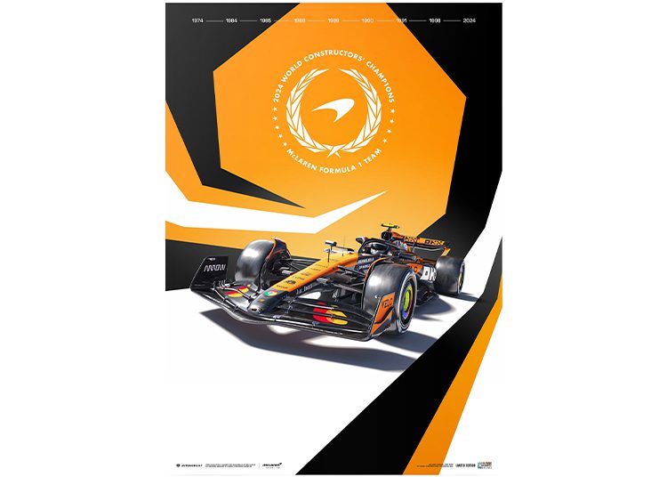 This eye-catching poster features a Formula 1 car adorned in a bold orange and black design, celebrating the "2024 World Constructors' Champion, McLaren Formula 1 Team." Perfect for your Valentines Day gift guide.