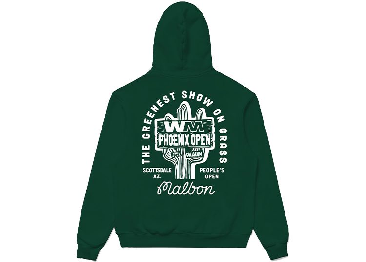 Back view of a green hoodie featuring a white graphic and text: "WM Phoenix Open, The Greenest Show on Grass, Scottsdale, AZ, People's Open, Malbon." Perfect for the duPont REGISTRY 2024 Gift Guide or as a unique Valentine's Day gift.