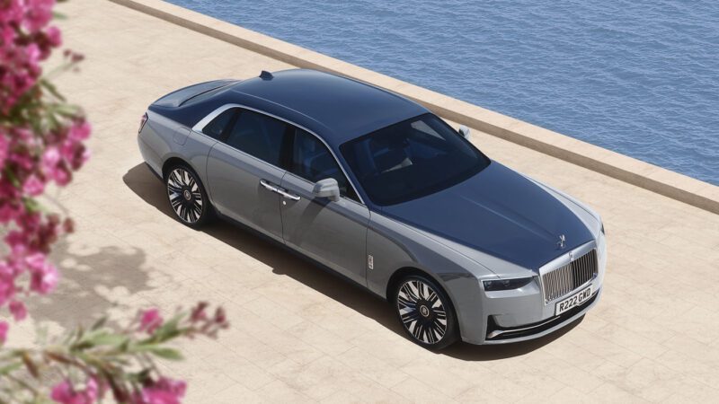 A gray luxury sedan, one of the best new cars revealed for 2024, is parked on a pavement by the water, viewed from above, with pink flowers in the foreground.